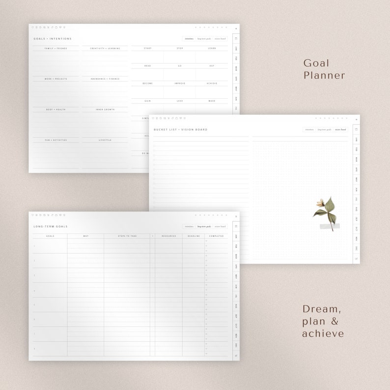 May include: A printable goal planner with sections for long-term goals, goals and intentions, a bucket list, and a vision board. The planner has a grid pattern and a floral illustration.