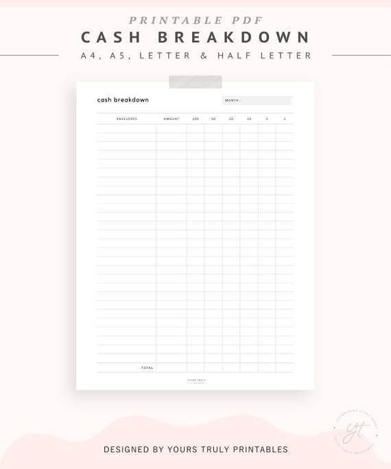 Printable Cash Envelopes Breakdown Sheet, Sinking Funds Tracker, Bank Teller Slips Template, Cash Withdrawal, Monthly Spending Tracker PDF