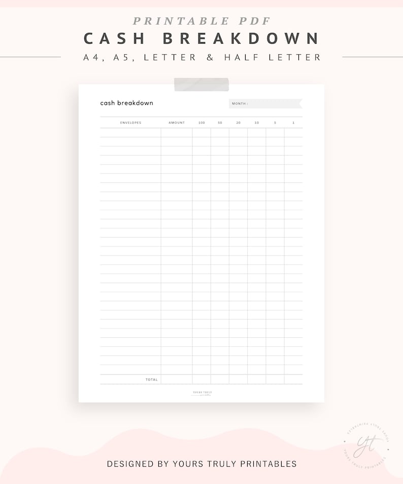 May include: Printable PDF cash breakdown budget tracker with a grid for listing envelopes, amounts, and denominations of money. The tracker has a section for the month and a total at the bottom.