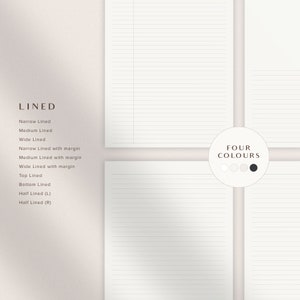 Pu&ograve; includere: Quattro diversi stili di carta rigata, tra cui linee strette, medie e larghe, nonch&eacute; linee con margini. La carta &egrave; bianca e ha una texture sottile. Il testo "FOUR COLOURS" &egrave; stampato in nero nell'angolo in basso a destra dell'immagine. Quattro piccoli cerchi sono mostrati sotto il testo, con tre cerchi bianchi e un cerchio nero.