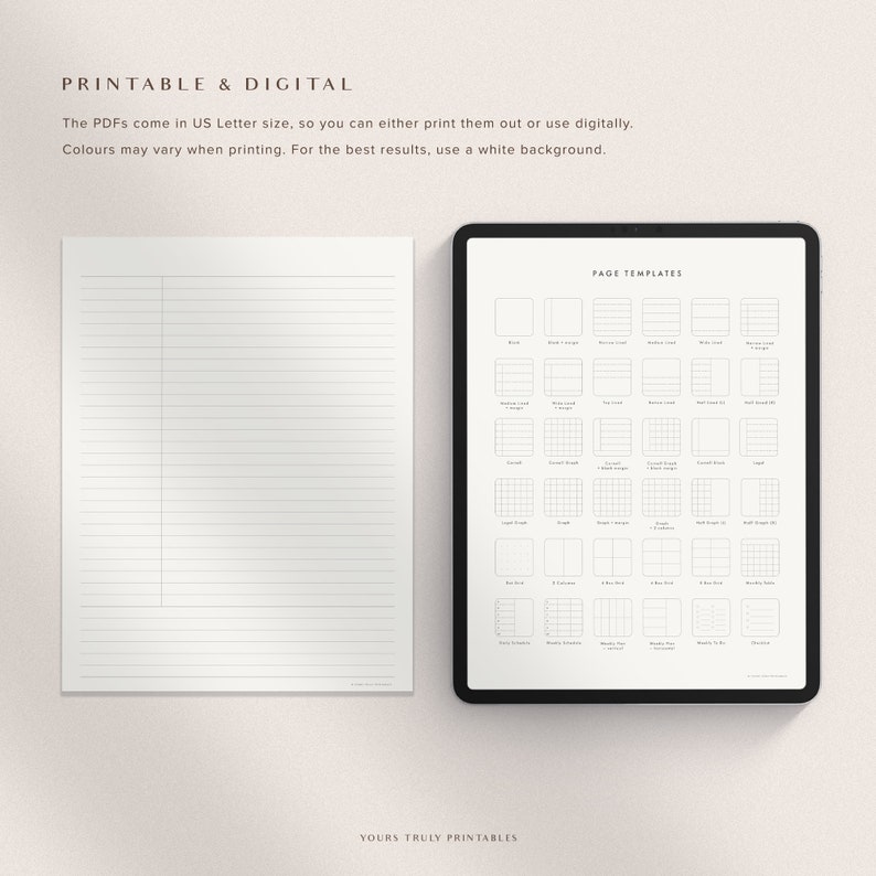 Pu&ograve; includere: Modelli di pagina stampabili e digitali per planner e diari. I modelli includono carta rigata, carta a quadretti, carta a punti e altro ancora. I modelli sono in formato US Letter.