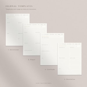 Pu&ograve; includere: Quattro modelli di diario stampabili con le intestazioni: Devotional, Prayer, Gratitude e Revelation. Ogni modello ha sezioni per l'Antico Testamento, il Nuovo Testamento, Studio, Viaggio e Note.