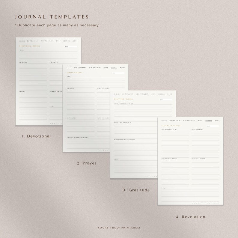 Pu&ograve; includere: Quattro modelli di diario stampabili con le intestazioni: Devotional, Prayer, Gratitude e Revelation. Ogni modello ha sezioni per l'Antico Testamento, il Nuovo Testamento, Studio, Viaggio e Note.