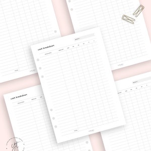 May include: Printable cash breakdown budget planner pages with a grid layout and columns for envelopes, amount, and total. The pages are designed for use with a disc bound planner.