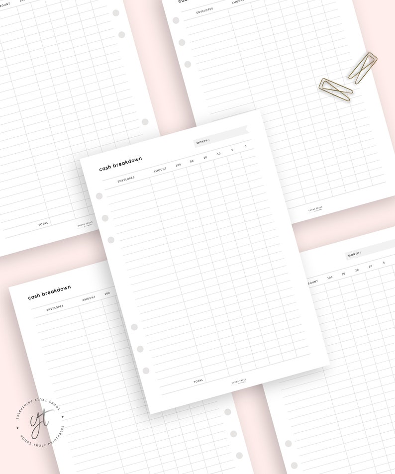 May include: Printable cash breakdown budget planner pages with a grid layout and columns for envelopes, amount, and total. The pages are designed for use with a disc bound planner.