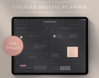 Digital Planner, GoodNotes Planner, Undated Digital Planner, Black Digital Planner, Digital Daily Planner, Dark Mode Planner, Minimalist