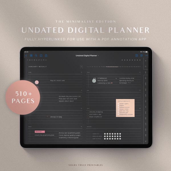 Digital Planner, GoodNotes Planner, Undated Digital Planner, Black Digital Planner, Digital Daily Planner, Dark Mode Planner, Minimalist