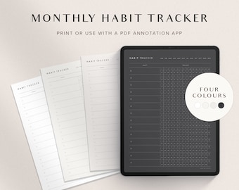 May include: A digital habit tracker displayed on a tablet, alongside printed habit tracker sheets. The tablet shows a dark gray habit tracker with a grid layout. The printed sheets are white with a minimalist design. The image includes the text "MONTHLY HABIT TRACKER".