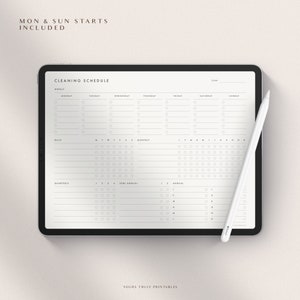 May include: A black and white cleaning schedule printable on a tablet screen. The schedule includes sections for weekly, daily, monthly, quarterly, semi-annual, and annual tasks. The text "MON & SUN STARTS INCLUDED" is at the top of the printable.