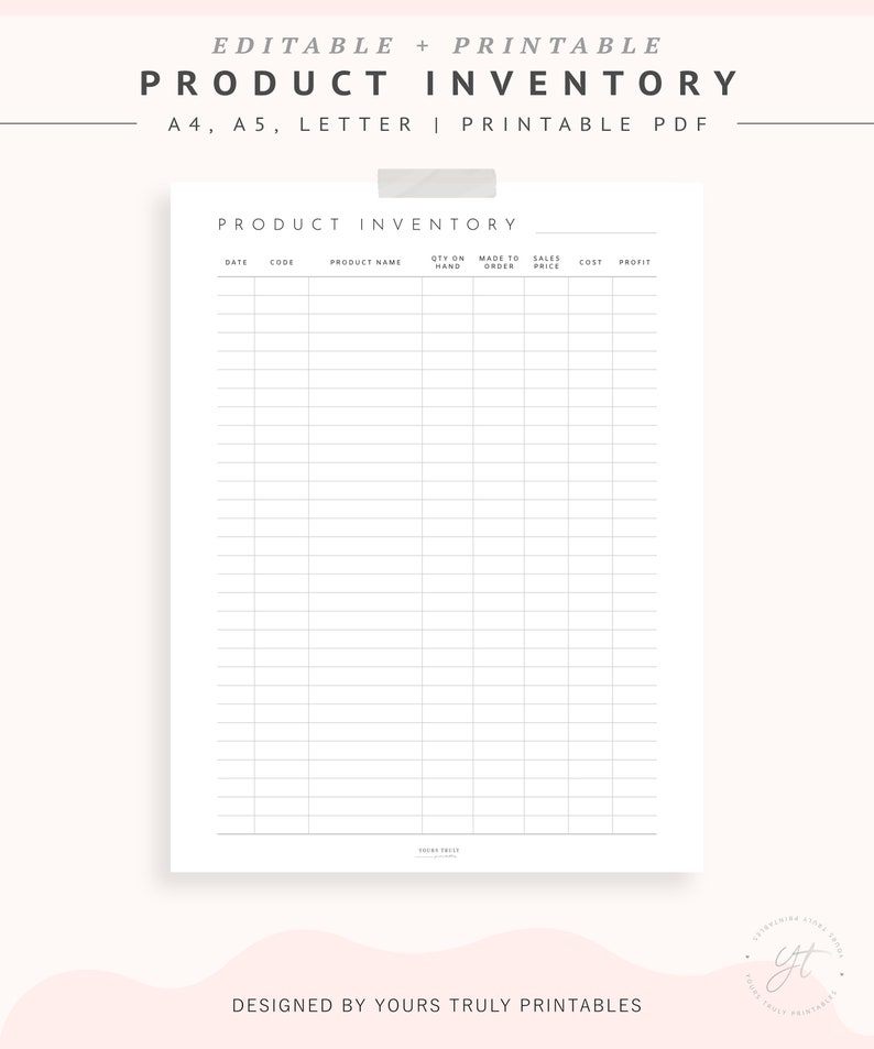 May include: A printable product inventory sheet with columns for date, code, product name, quantity on hand, made to order, sales price, cost, and profit. The sheet is designed for use with a spreadsheet program.