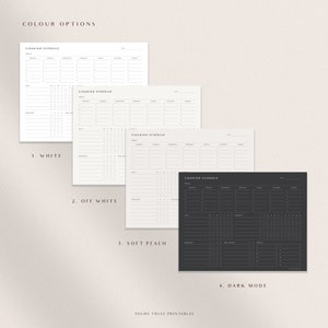 May include: Four printable cleaning schedule templates in different colour options: white, off-white, soft peach, and dark mode. Each template features a grid with days of the week, times, and space for tasks.