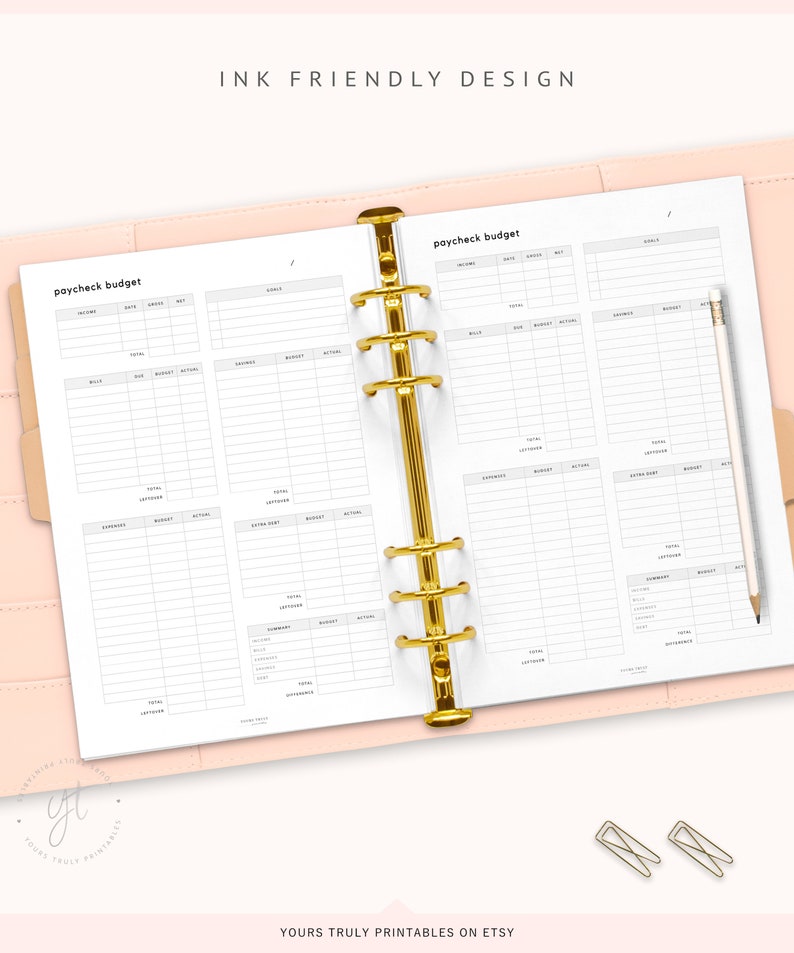 May include: A printable budget planner with two pages, each labelled "paycheck budget". The pages are designed for use in a ring binder and have columns for income, expenses, and savings.