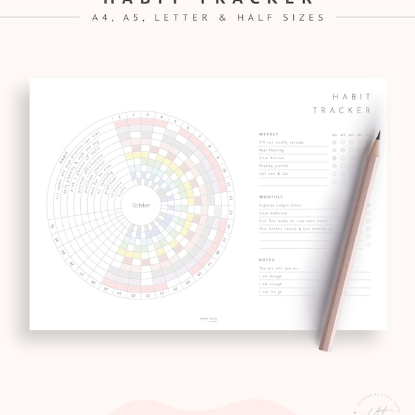 Habit Tracker Rundschreiben Printable, Kreis Tägliche Routine Checkliste, Wochen Gewohnheit Chart Rund, Monatsziel Planer PDF Template Inserts