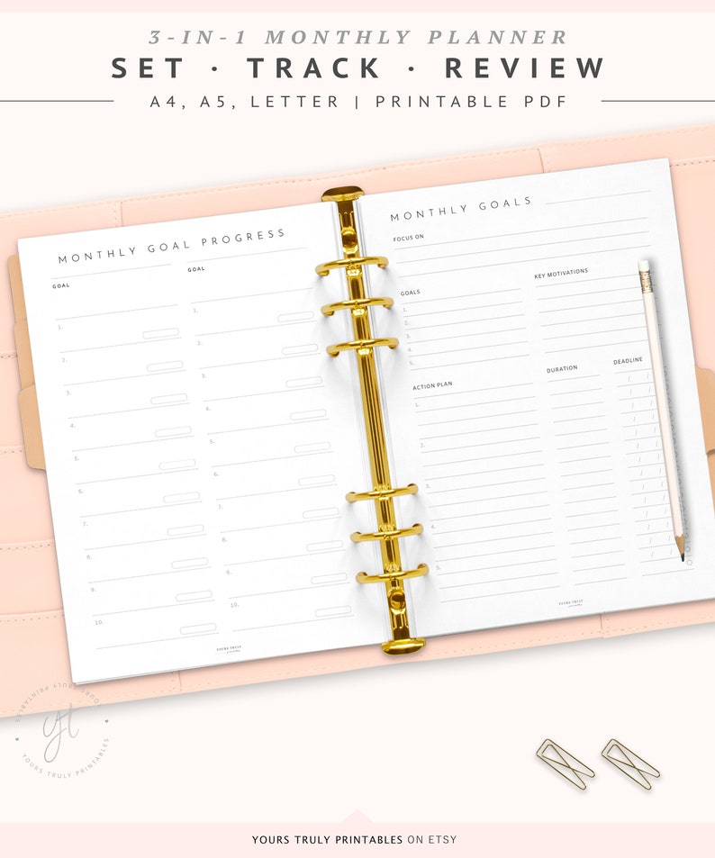 May include: A printable monthly planner with a pink cover and gold rings. The planner includes sections for monthly goal progress, monthly goals, focus on, key motivations, action plan, duration, and deadline.