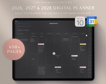 2026 2027 2028 Digital Planner Dark Mode GoodNotes Planner Weekly Planner Blackout Planner iPad Planner Minimalist Planner Google Calendar
