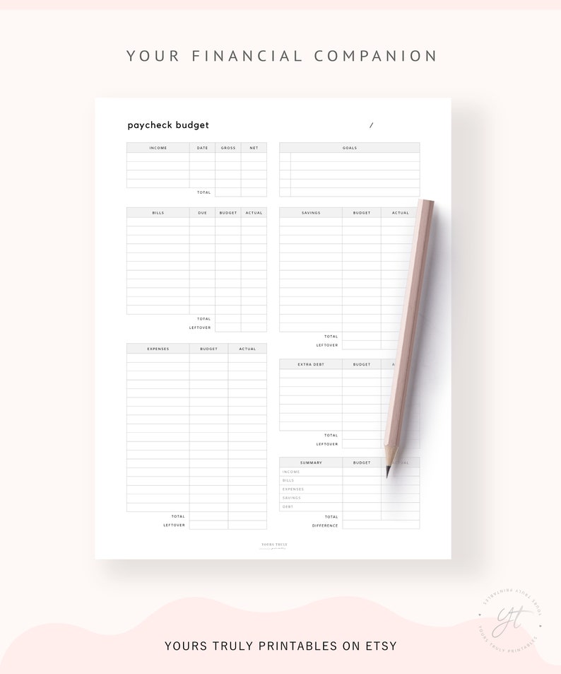 May include: A printable budget worksheet with sections for income, bills, savings, expenses, and extra debt. The worksheet includes columns for date, gross, net, due, budget, actual, and total leftover. The worksheet also includes a summary section for income, bills, savings, expenses, and debt, with a total difference.