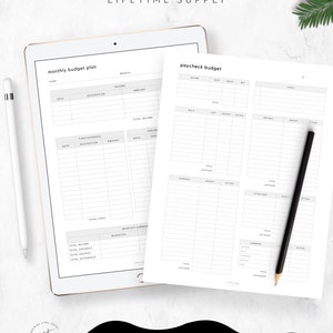 May include: A printable budget planner with two pages. The first page is a monthly budget plan with sections for income, fixed expenses, and a monthly summary. The second page is a paycheck budget with sections for income, bills, savings, expenses, and a summary.
