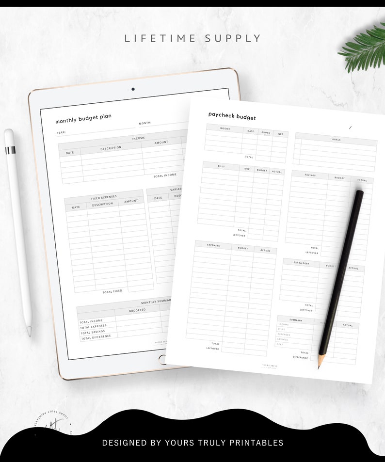 May include: A printable budget planner with two pages. The first page is a monthly budget plan with sections for income, fixed expenses, and a monthly summary. The second page is a paycheck budget with sections for income, bills, savings, expenses, and a summary.