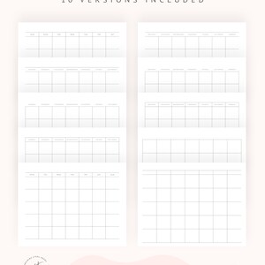 May include: Ten printable versions of blank weekly planner templates. Each template has a different layout for planning your week. The templates are designed for use with a pen or pencil.