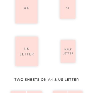 May include: A digital download of printable paper sizes, including A4, A5, US Letter, and Half Letter. The image shows a pink background with the different paper sizes outlined in white.