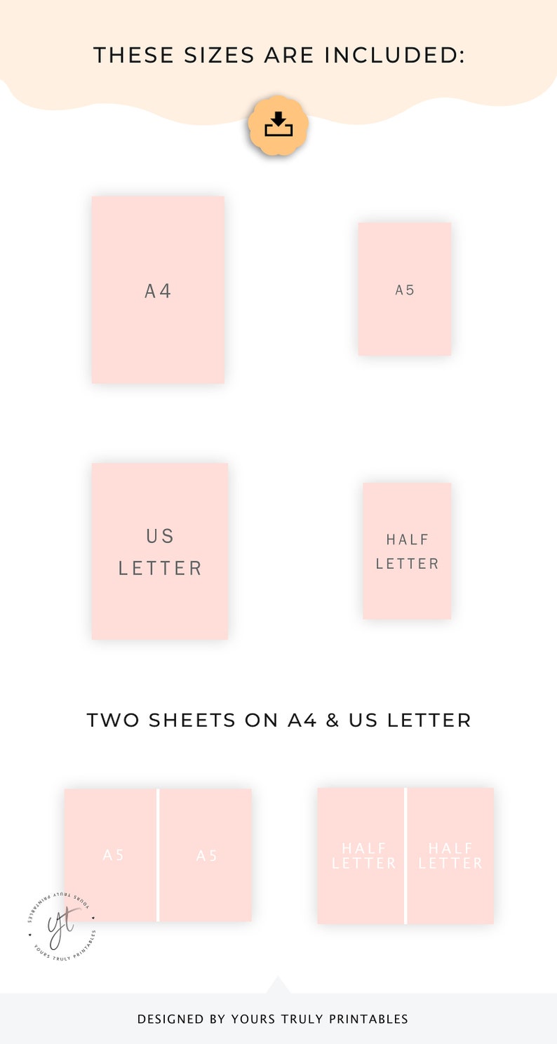 May include: A digital download of printable paper sizes, including A4, A5, US Letter, and Half Letter. The image shows a pink background with the different paper sizes outlined in white.
