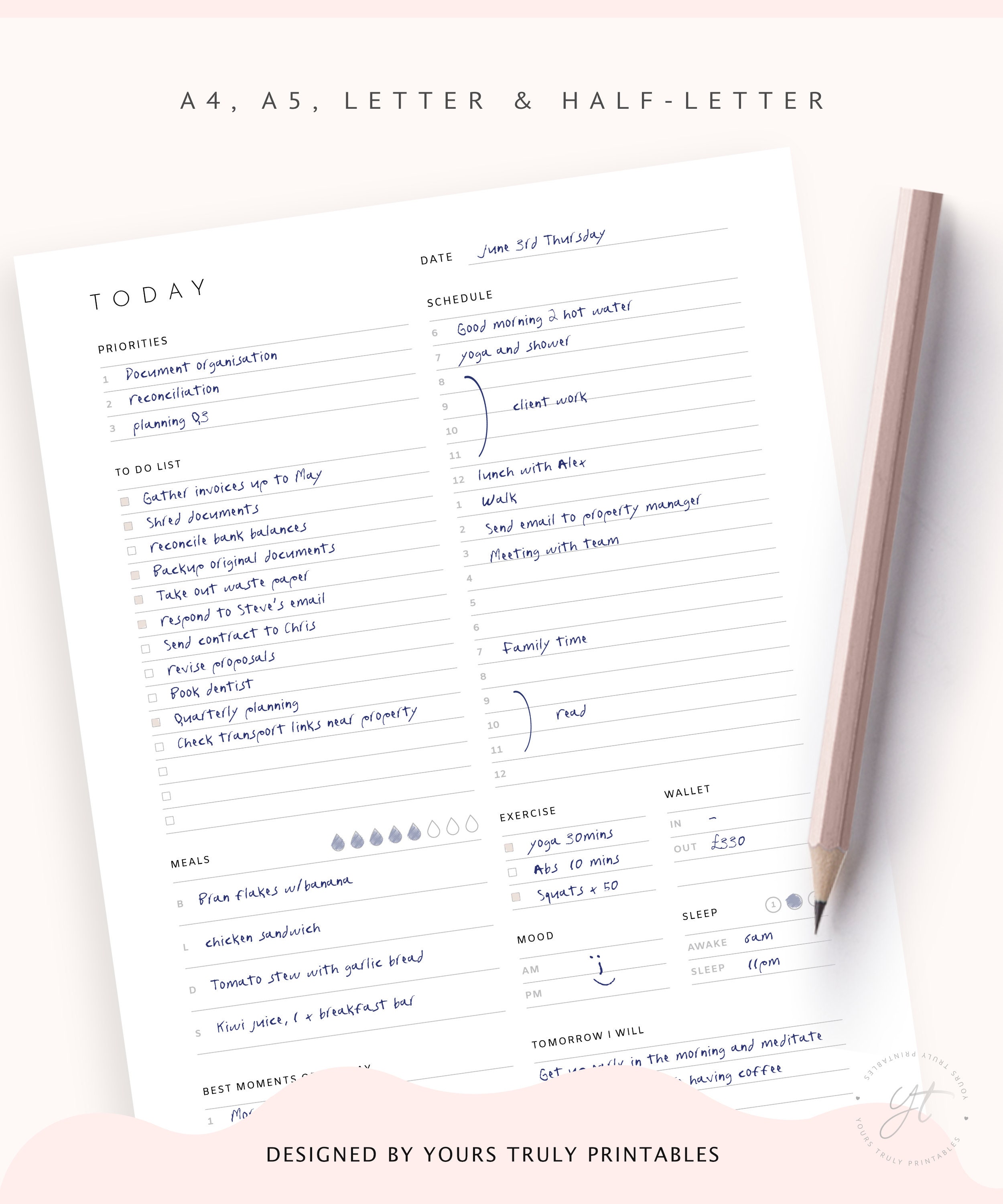 Daily Planner Inserts Printable, Work Day Schedule Planner With to Do ...