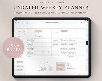 May include: A digital planner app on a tablet screen. The app is open to a weekly planner page with the text "Undated Digital Planner" at the top. The planner is divided into seven columns for each day of the week, with a calendar view at the top left corner. The planner has a pink and yellow color scheme. The text "490+ PAGES" is displayed in a pink circle at the bottom left corner.