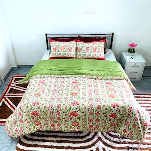 Green Floral Duvet Cover, Hand Block Print duvet with pillowcase & Shams 5 Pcs cotton bedding set home decor comforter cover full queen