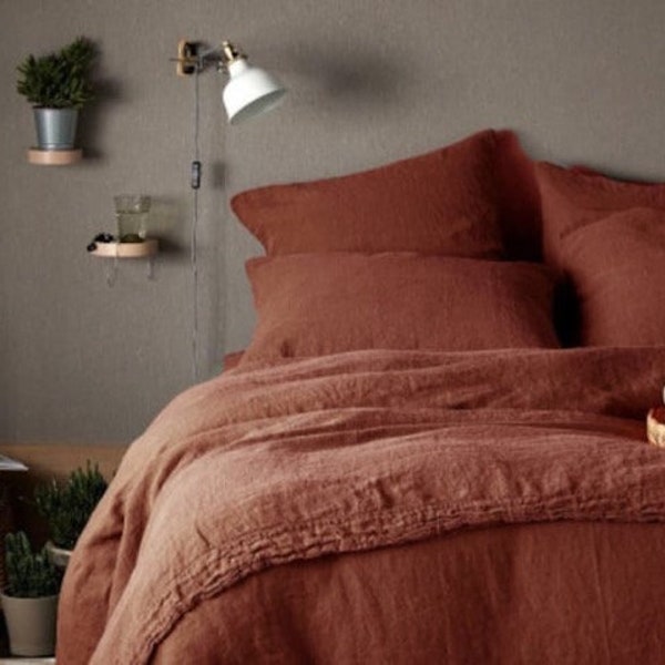 Linen Duvet Cover in Terracotta Red/ Washed Linen Duvet Cover/ Ultra Soft And Easy Care Bedding Set/ 3 Piece set
