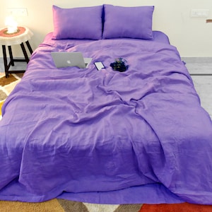 Premium Exclusive Linen duvet cover with pillowcases, Natural Belgian linen. King, Queen , Full  duvet Purple Bedding
