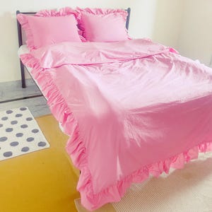 Pink ruffles soft Cotton bedding set King Queen duvet cover 2 pillowcases Two ruffles Cotton comforter cover with two pillow sham, zipper