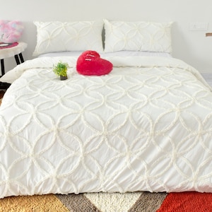 Ivory Tufted Duvet Cover Set, 3 Piece Comforter Set,Queen Full King Duvets with Pillowcases, Zip Closure & Ties