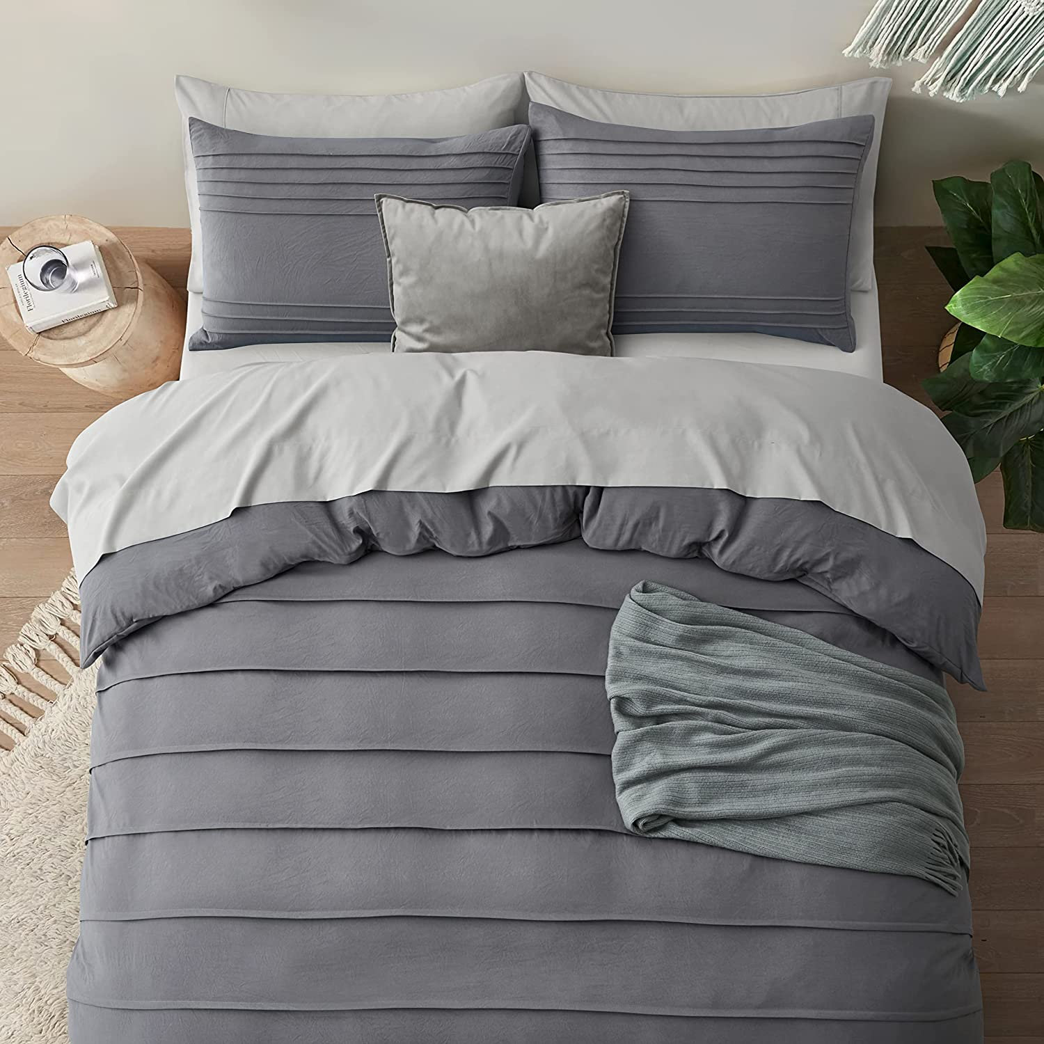 Luxlovery Grey Comforter Set Queen Men Dark Grey Comforter Bedding Sets  Full Minimalist Solid Breathable Soft Charcoal Gray Quilts Blanket Set  Modern