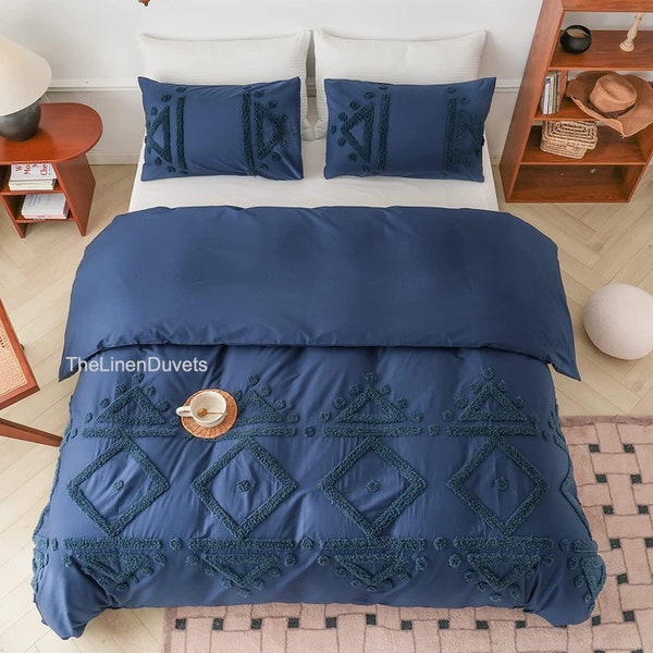 Navy Blue Tufted Duvet Cover 3 Pcs Comforter Cover Boho Duvet Cover Farmhouse bedding 100% Cotton Bedding Full Duvet Cover Queen King Size