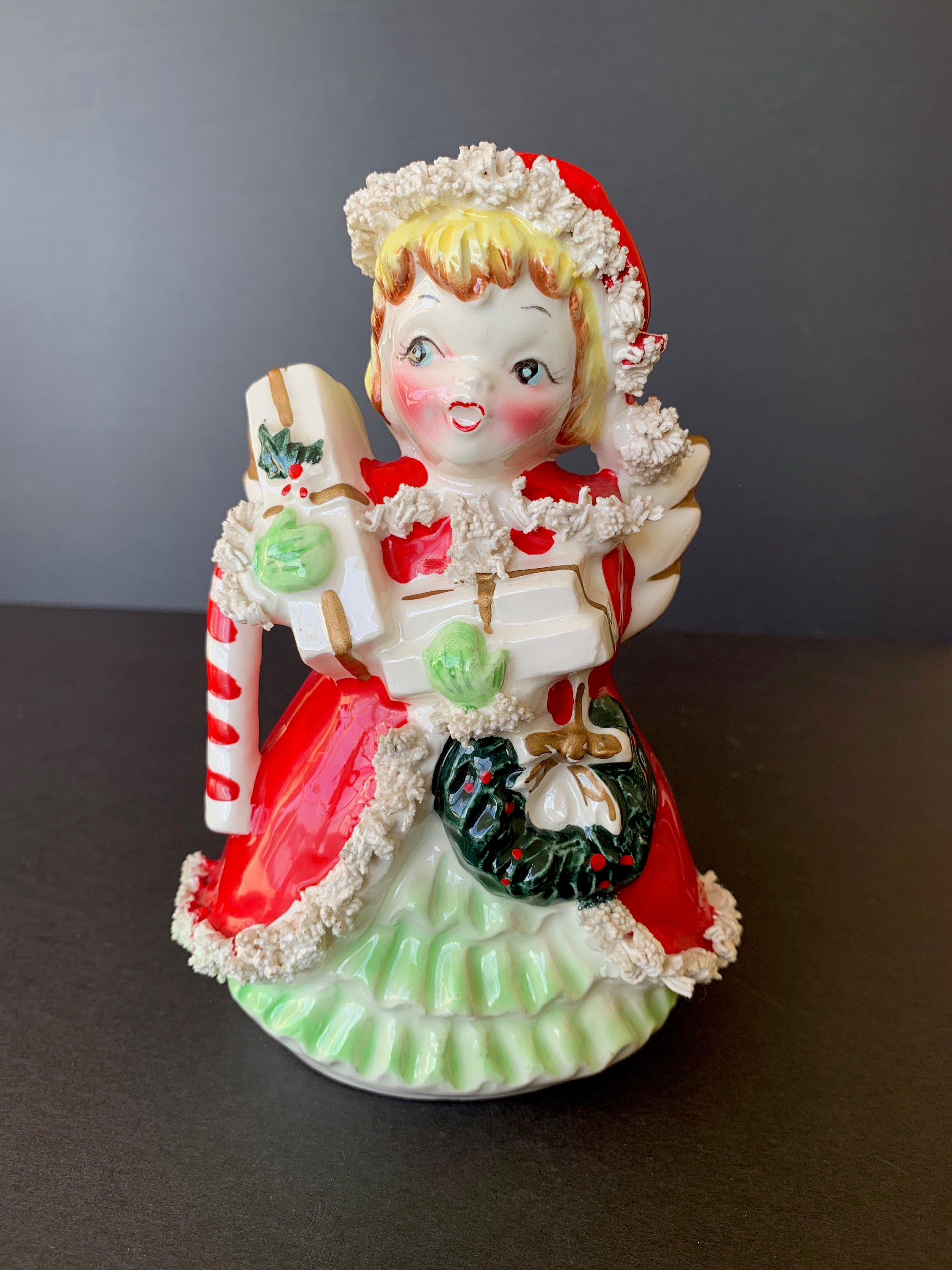 Vintage Neidco Christmas shopper girl planter candy dish Gifts Candy cane Spaghetti trim Japan