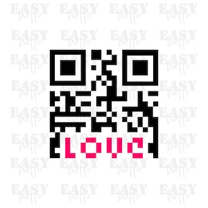 Könnte beinhalten: Ein schwarz-weißer QR-Code mit dem Wort "LOVE" in Pink darunter. Der Hintergrund ist weiß und zeigt ein sich wiederholendes Muster der Worte "EASY hello".