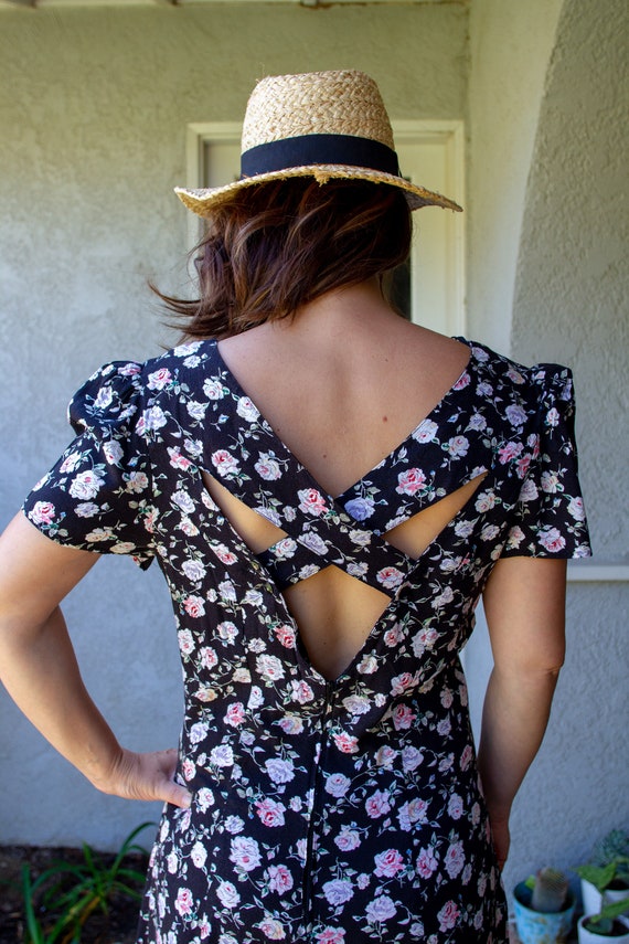 90's Black Floral Sweetheart Dress with Puff Slee… - image 3