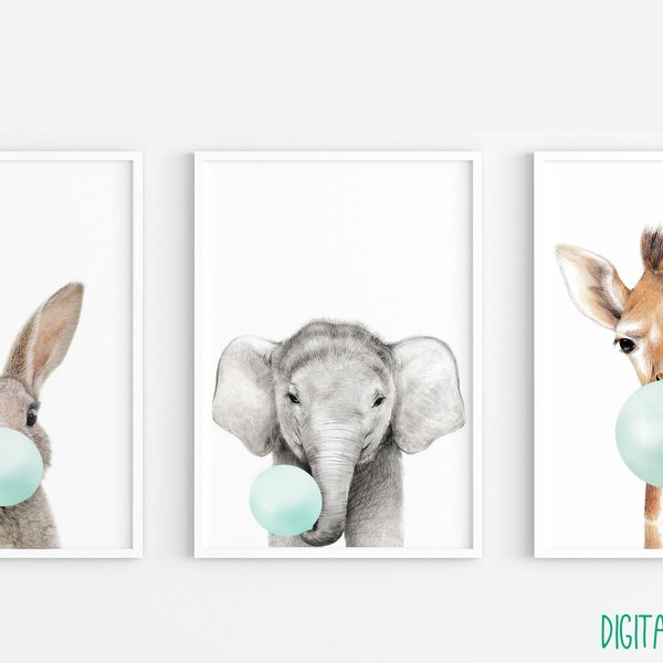 set of 3, Mint BUBBLE GUM ANIMALS , Bunny With Bubble Gum, Animal Wall Art, Nursery Print, Digital Download,Giraffe with bubble gum,elephant