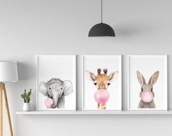 set of 3, pink BUBBLE GUM ANIMALS , Bunny With Bubble Gum, Animal Wall Art, Nursery Print, Digital Download,Giraffe with bubble gum,elephant