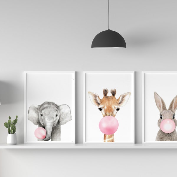 lot de 3, rose BUBBLE GUM ANIMALS, Bunny With Bubble Gum, Animal Wall Art, Nursery Print, Digital Download, Giraffe with bubble gum, elephant