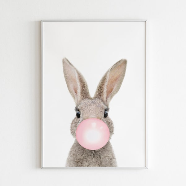 rosa BUBBLE GUM RABBIT, Hase mit Bubble Gum, Tier Wanddeko, Kinderzimmer Druck, digitaler Download