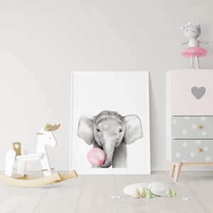 pink bubble gum ELEPHANT , ELEPHANT With Bubble Gum, Animal Wall Art, Nursery Print,Digital Download,pink bubble gum