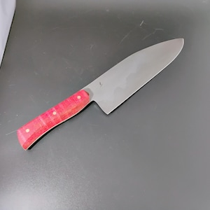 Chef&#39;s Knife with Hamon, Red Stabilized Curly Maple Handle, W2 High Carbon Steel