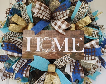 Farmhouse Home Wreath, Blue and brown leopard print home wreath, home sweet home wreath