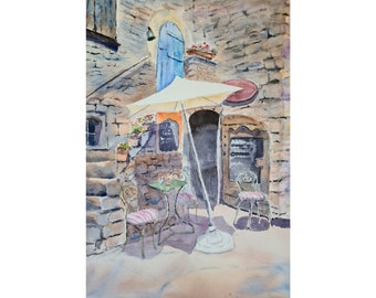 Original watercolour of a small, sunny corner cafe bar with umbrella.