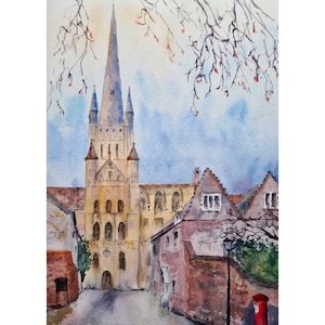 Norwich Cathedral fine art print of original watercolour painting Norwich Norfolk cathedral spire and old buildings Norwich England