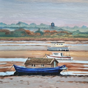 Original, oil painting, houseboat, Blakeney Point, Norfolk, England, 30 x 30cm