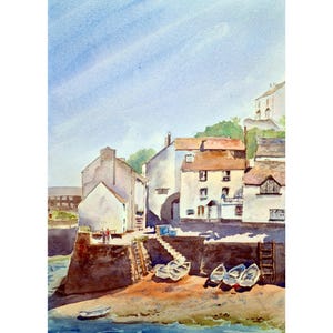 Polperro harbour print of watercolour painting.