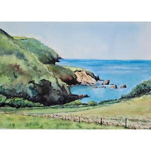 Devon fine art print of my watercolour painting.  Lee Bay near Lynton, on the North Devon coast, giclée print for wall decor.