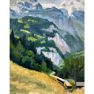 Original oil painting of a Swiss mountain landscape, with a train, contemporary art, 10 by 8 inches, impressionist style